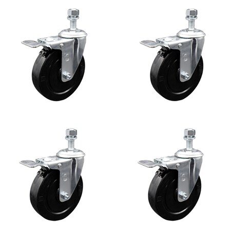 Service Caster 5 Inch SS Soft Rubber Swivel 12mm Threaded Stem Caster Set Total Lock Brake SCC-SSTSTTL20S514-SRS-M1215-4